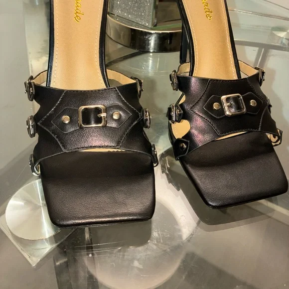 Love Edit Buckle Mule Stiletto | Square Toe Statement Heel | NWT | Black - Picture 3 of 7
